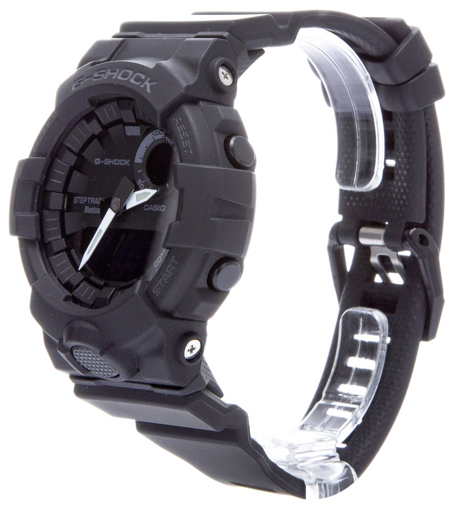 Schwarze G-Shock-Uhr mit robustem Design, runder digitaler Anzeige und seitlichen Knöpfen. Armband mit Metallschnalle.