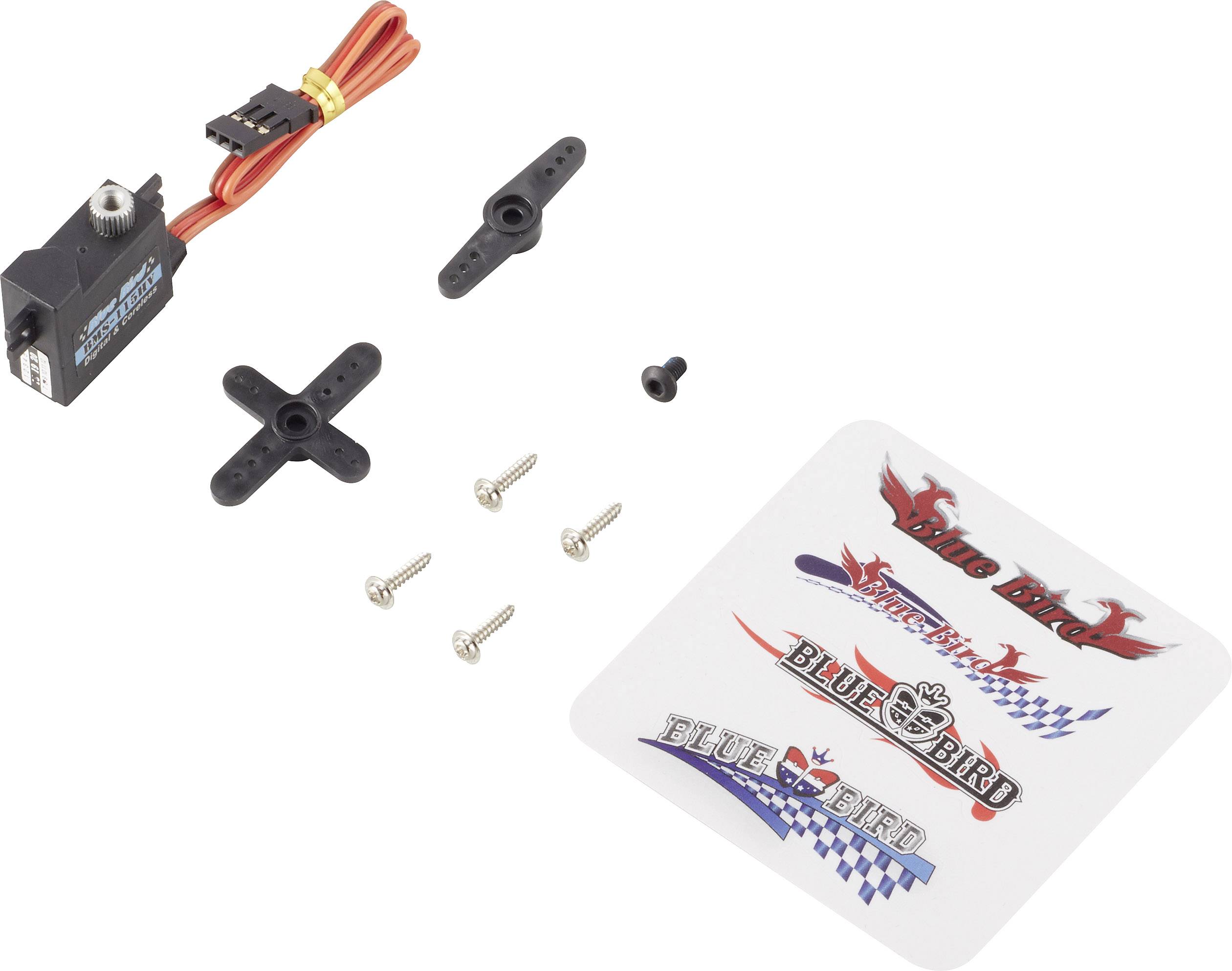 Servobausatz: Elektromotor, Armaturen, Schrauben und Aufkleber. Verwendet für Modellbau zur Steuerung von Bewegungen.