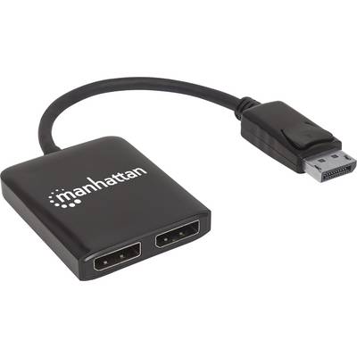 Schwarzer Adapter mit zwei HDMI-Ausgängen und einem DisplayPort-Eingang. Markennamen 'manhattan' auf dem Adapter.