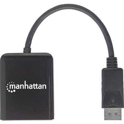 'Schwarzer HDMI-Adapter mit Aufschrift "manhattan" auf dem Gehäuse und HDMI-Stecker am Kabelende.'