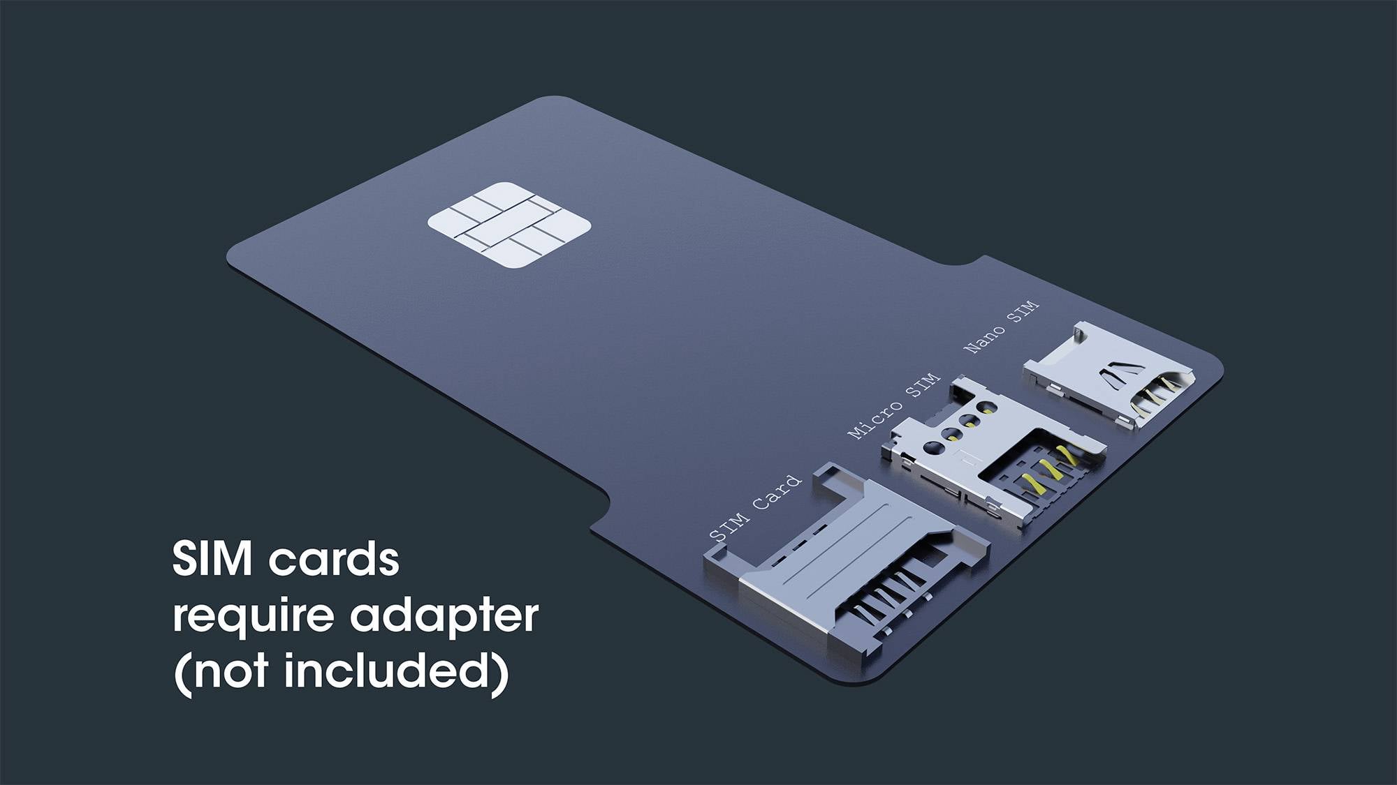 Adapter für SIM-Karten wird gezeigt; er unterstützt Mini, Micro und Nano SIMs. Text: 'SIM cards require adapter (not included)'.