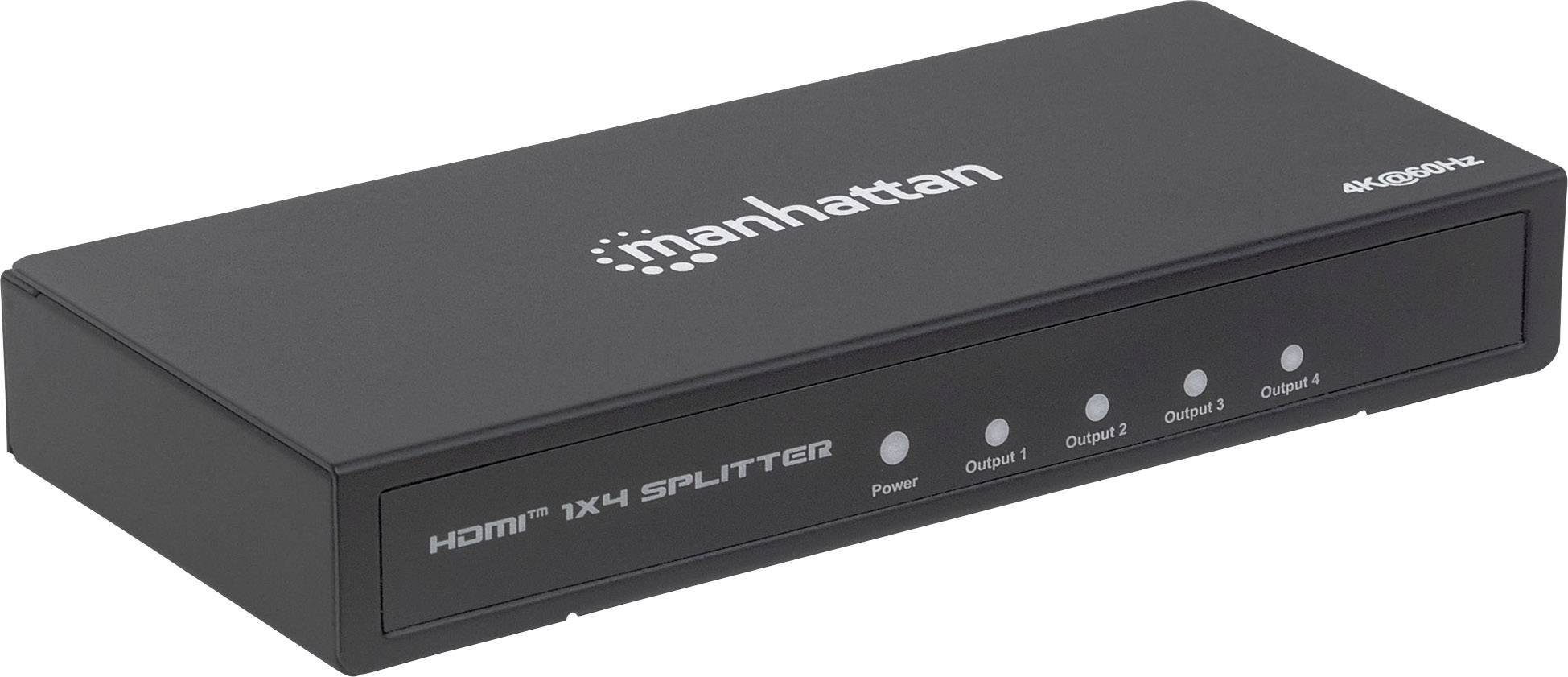 Ein HDMI-Splitter mit dem Markenlogo 'Manhattan', vier Ausgängen und einer Stromanzeigeleuchte. Hauptfunktion: Signalverteilung.