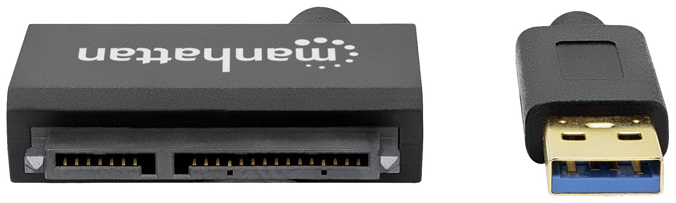 'USB-Adapter verbindet SATA-Festplatten mit USB-Geräten. Links: SATA-Port, rechts: USB-Stecker.'