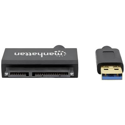 'USB-Adapter verbindet SATA-Festplatten mit USB-Geräten. Links: SATA-Port, rechts: USB-Stecker.'