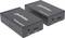 Zwei schwarze HDMI-over-IP-Geräte, ein Sender und ein Empfänger, mit HDMI-Anschlüssen und Stromversorgungsbuchsen, Marke 'Manhattan'.