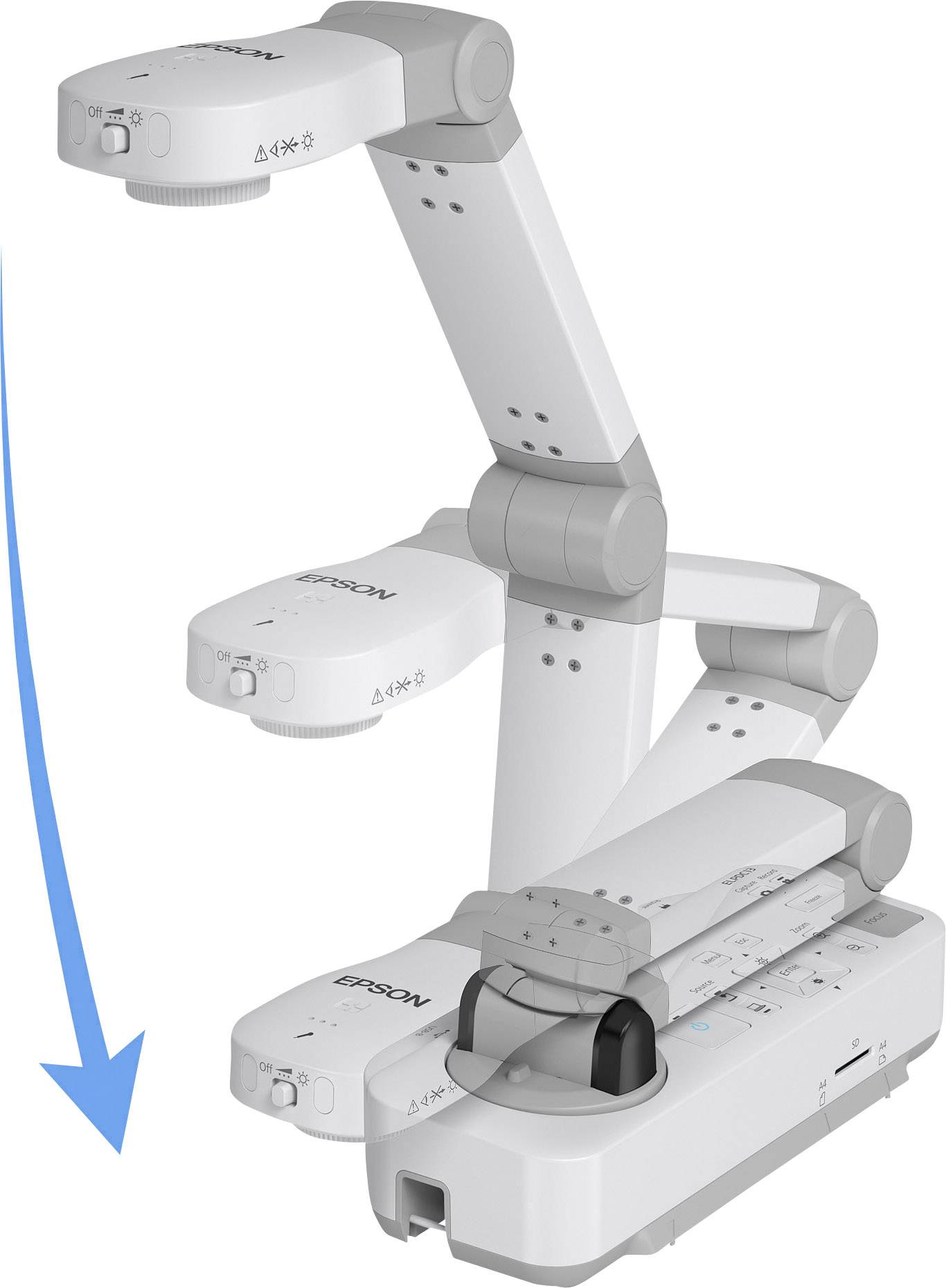 Ein weiß-grauer Scanner mit beweglichem Arm und Kameras. Der Arm ist verstellbar für unterschiedliche Aufnahmewinkel.