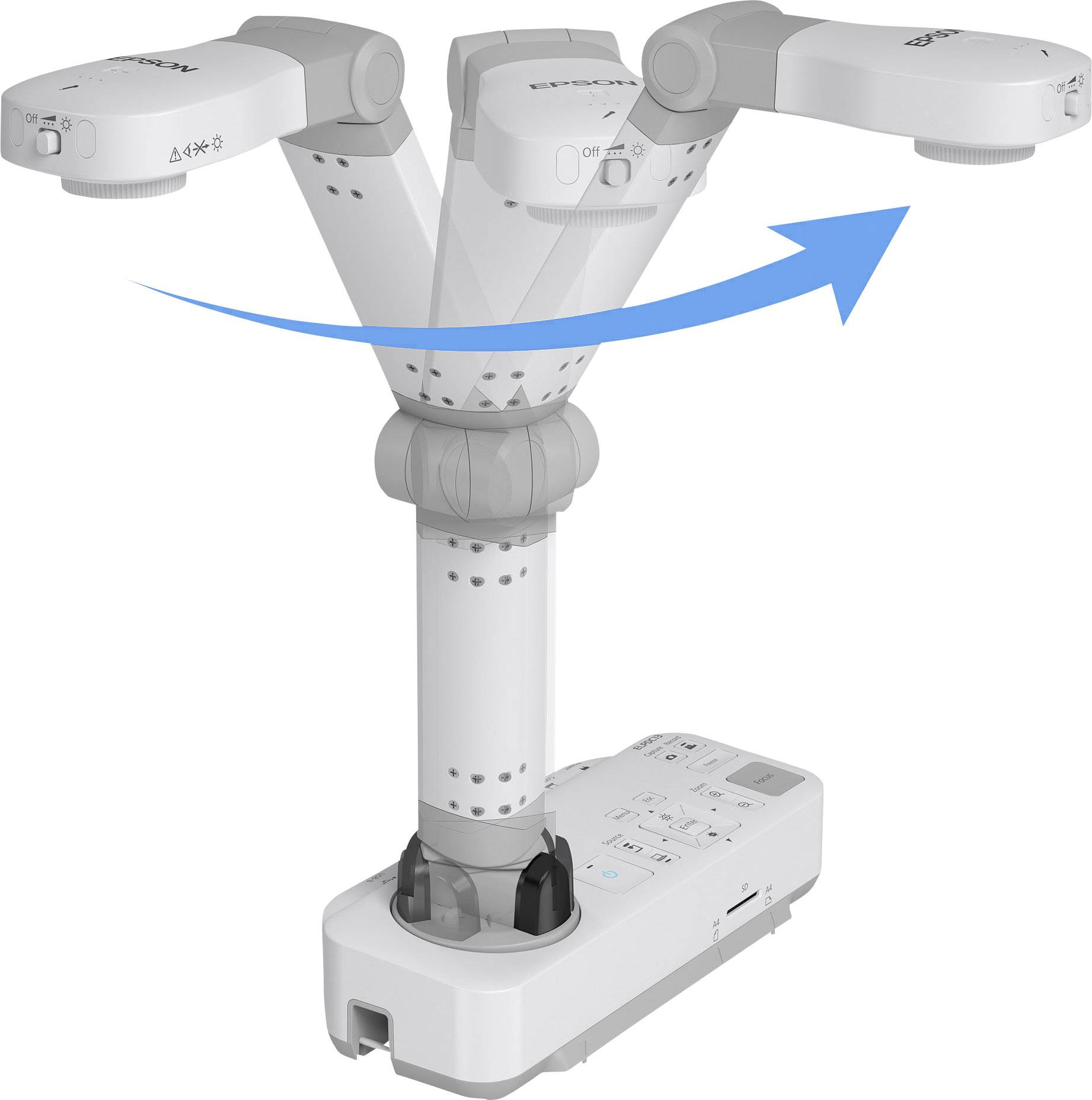 Ein Dokumentenkamera mit drehbaren Armen, die flexibel positioniert werden können, um verschiedene Betrachtungswinkel zu ermöglichen.