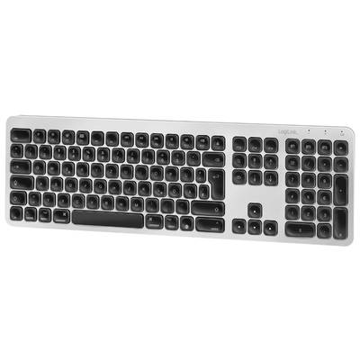 Drahtlose QWERTZ-Tastatur von LogiLink mit flachem, silber-schwarzem Design. Enthält Ziffernblock und Funktionstasten.