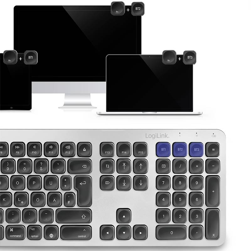 Kabellose Tastatur mit silberner Oberfläche und Laptop-Verbindungstasten BT1, BT2, BT3. Logitech- und Windows-Symbole sichtbar.