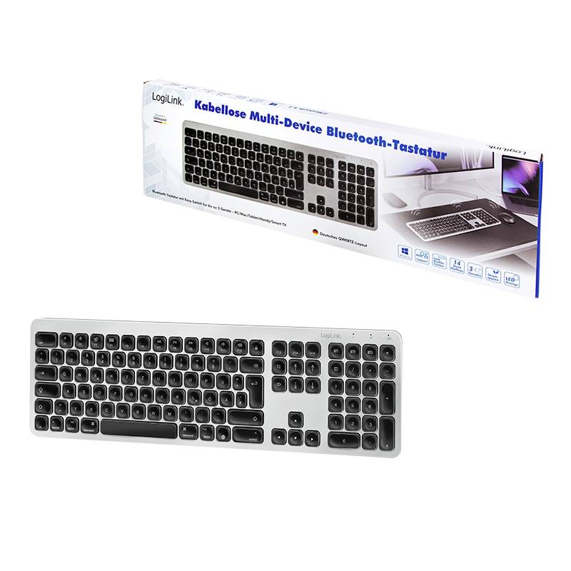 Produktbild einer kabellosen Multi-Device Bluetooth-Tastatur von LogiLink. Schwarze Tasten auf silbernem Gehäuse, Verpackung im Hintergrund.