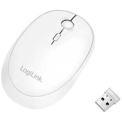 Weiße kabellose Maus mit Scrollrad und USB-Empfänger, Marke 'LogiLink'.