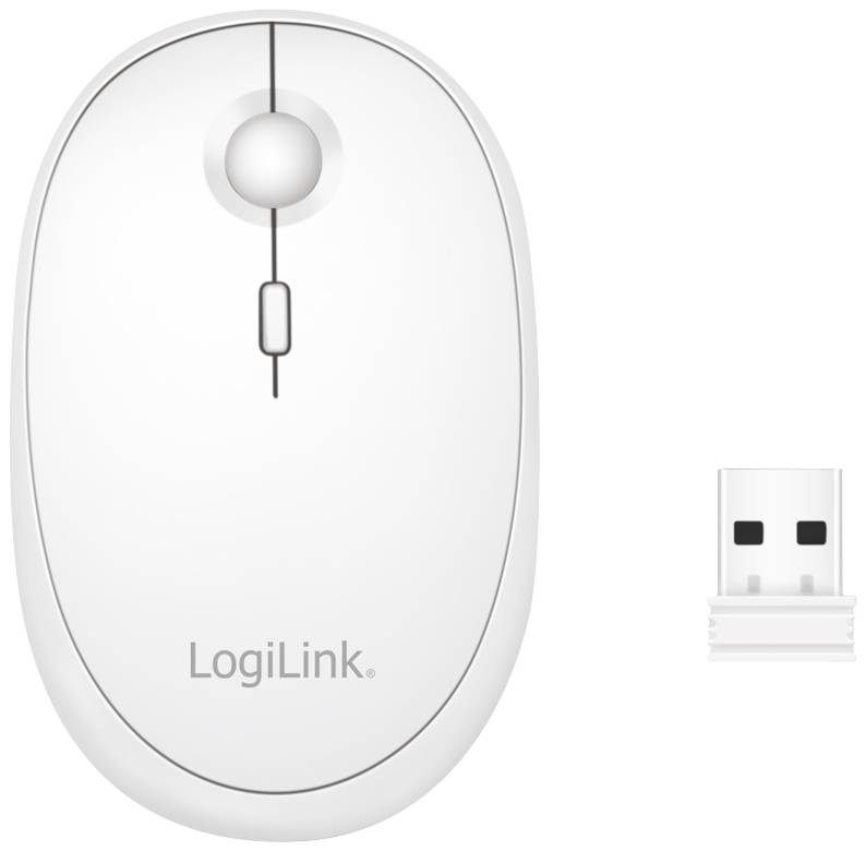 Kabellose, weiße Computermaus von LogiLink mit USB-Dongle, geeignet für PC-Nutzung.