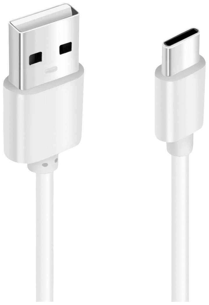 Ein USB-Kabel mit USB-A-Anschluss links und USB-C-Anschluss rechts, beide in Silber, auf weißem Hintergrund.