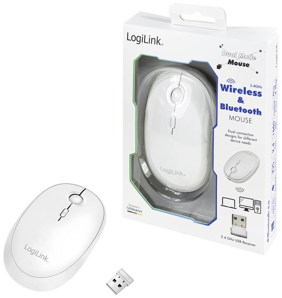Kabellose Maus und USB-Empfänger neben Verpackung. Verpackung zeigt 'Wireless & Bluetooth Mouse'. Ideal für verschiedene Geräte.