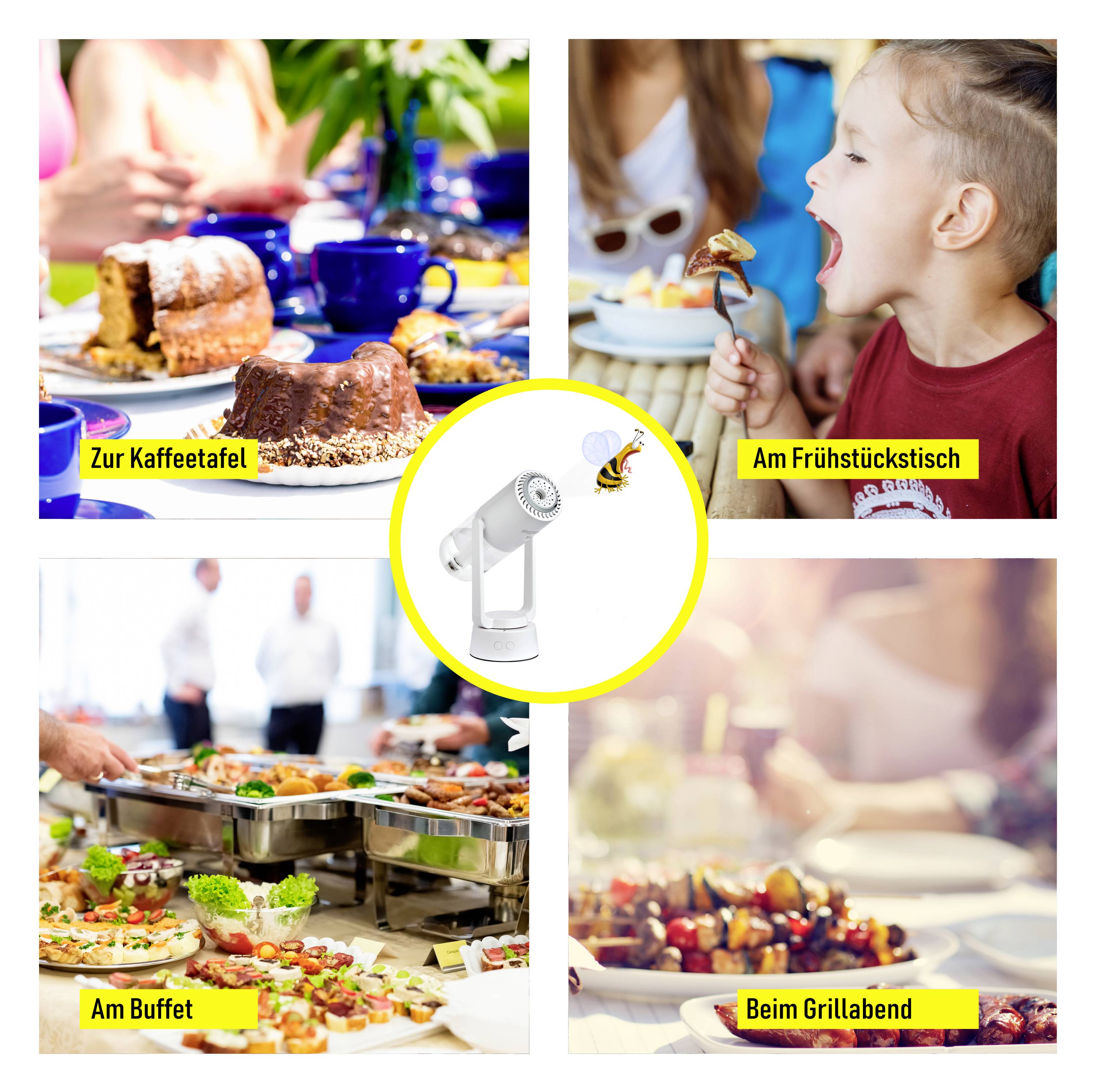 Collage mit vier Szenen: Kuchentafel, Kind am Frühstückstisch, Buffet und Grillabend. Zentral ein Mikrophon, betont die Freude an diesen Anlässen.