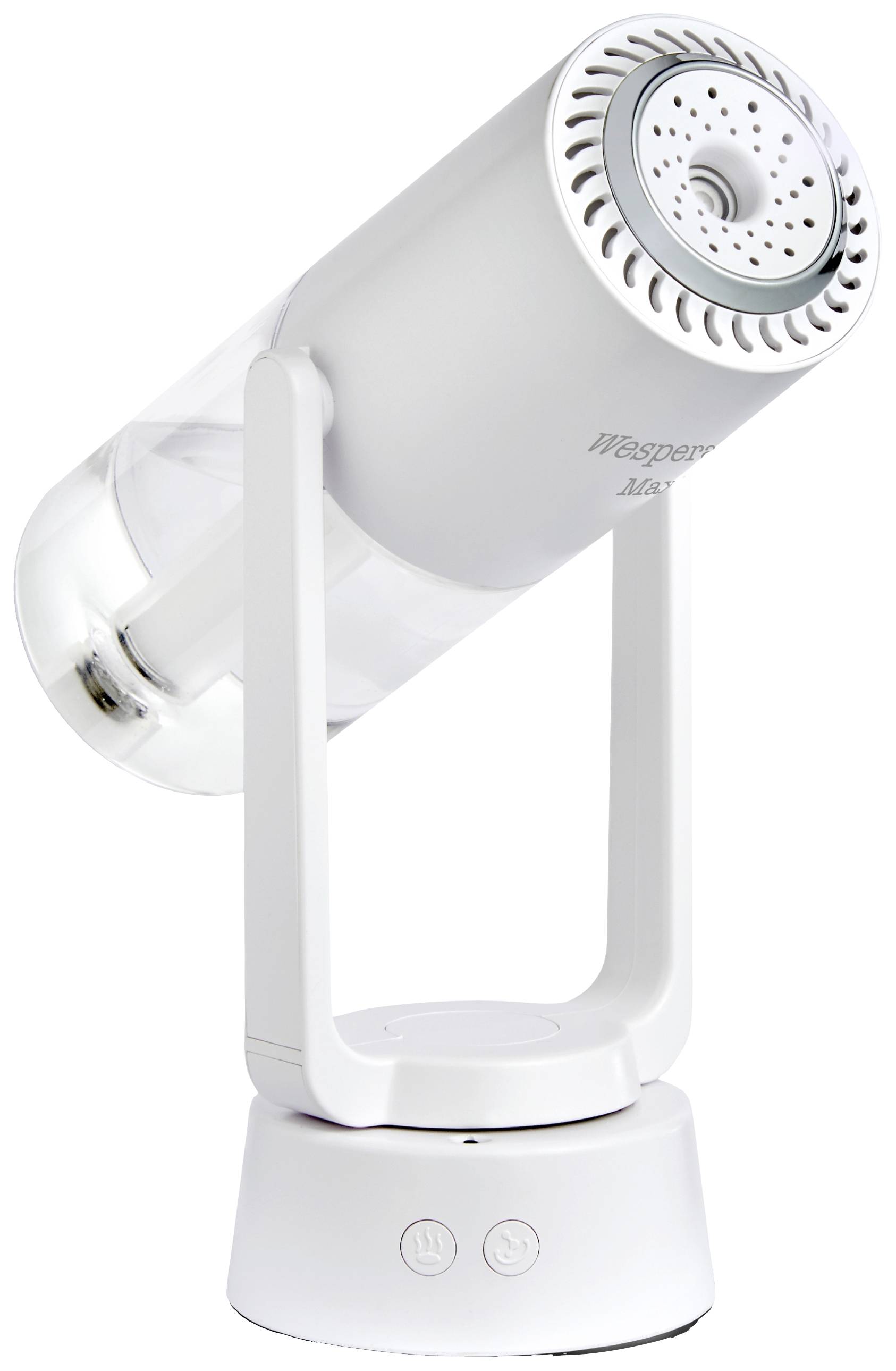 Weißer, zylinderförmiger Ventilator mit verstellbarem Neigungswinkel, aufragsoptimalem Tischständer platziert. Ideal für Schreibtischnutzung.