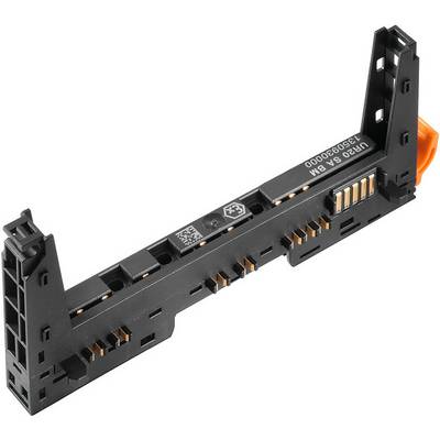 Ein schwarzes, rechteckiges elektronisches Bauteil mit mehreren goldfarbenen Kontakten und einem orangefarbenen Halter an einem Ende.