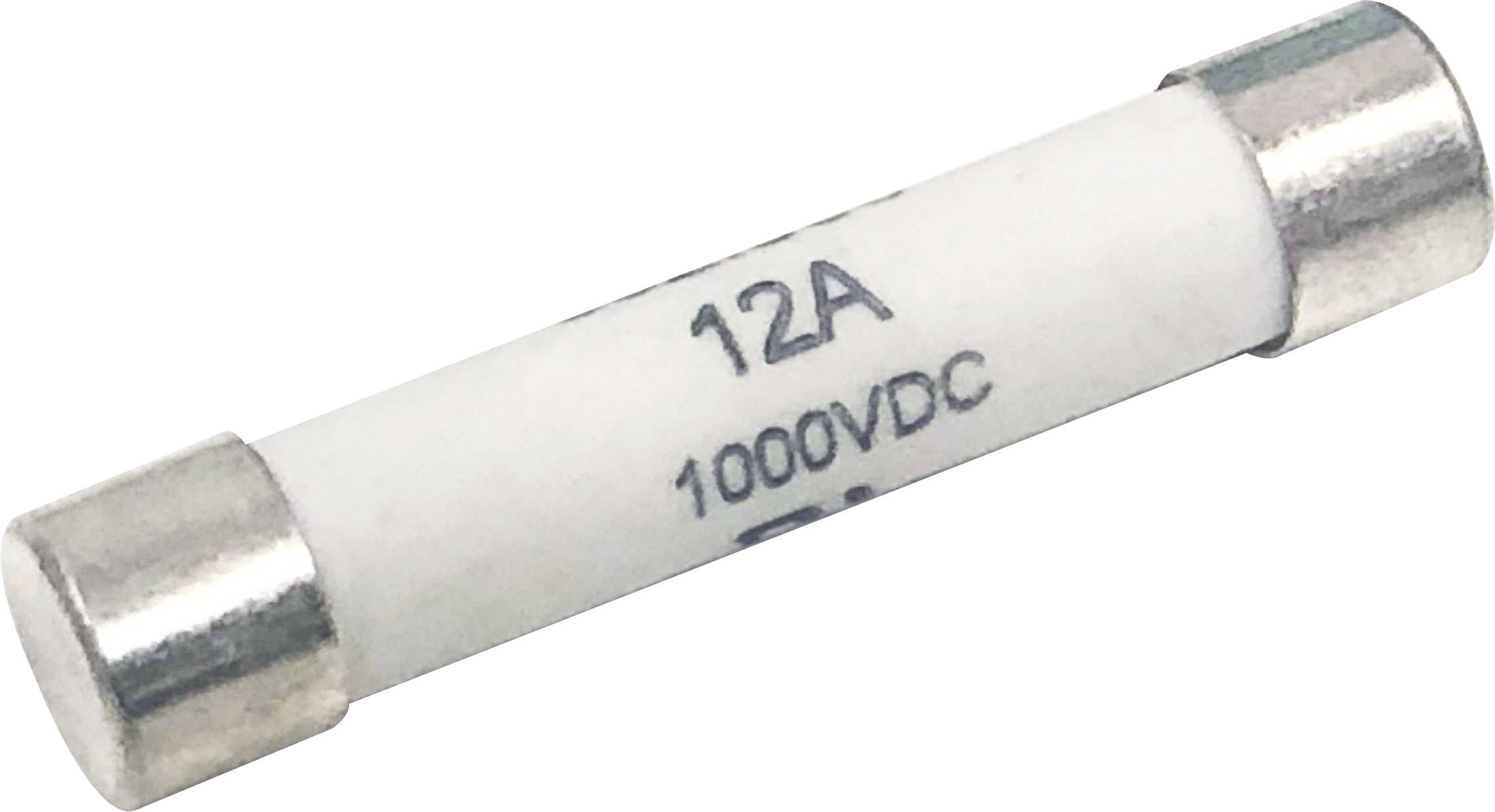Eine weiße zylindrische Sicherung mit der Aufschrift '12A 1000VDC' und metallischen Enden.
