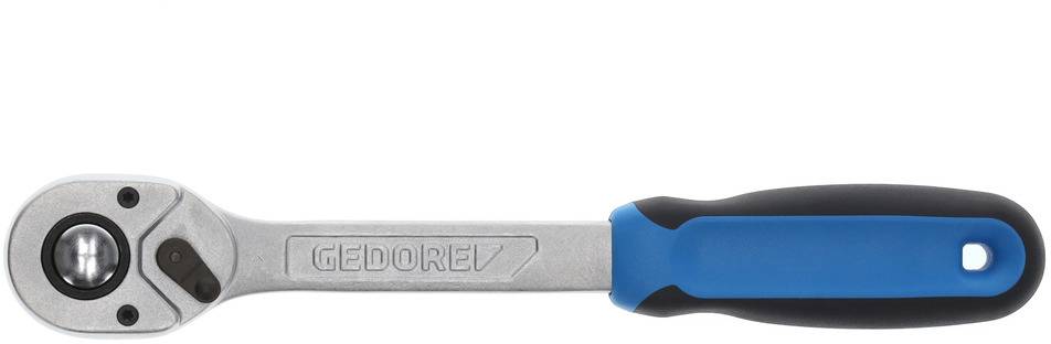 Eine umschaltbare Ratsche mit blau-schwarzem Griff, geeignet zum Ein- und Ausbau von Schrauben und Muttern. Ideal für mechanische Arbeiten.