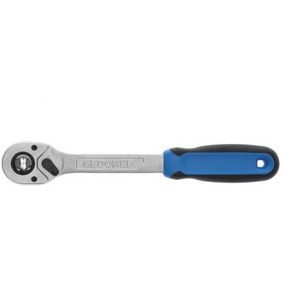 Eine umschaltbare Ratsche mit blau-schwarzem Griff, geeignet zum Ein- und Ausbau von Schrauben und Muttern. Ideal für mechanische Arbeiten.