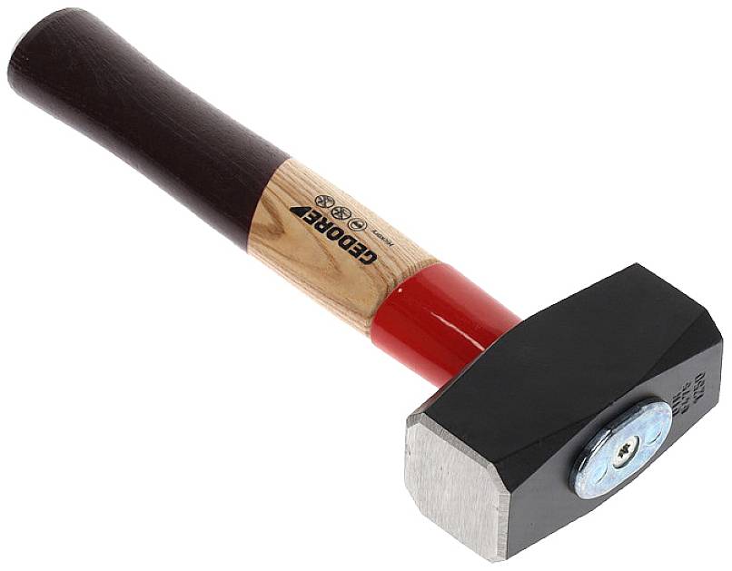 Ein Hammer mit hölzernem Griff und schwarzem Kopf. Der Kopf hat eine glatte Seite und eine etwas kantigere Seite für vielseitigen Einsatz.