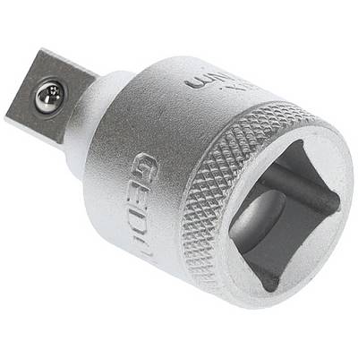 Silberner Stecknussadapter aus Metall mit quadratischer und runder Aufnahme, typisches Werkzeugzubehör.