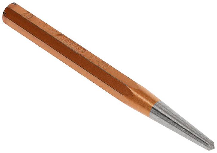 Ein orangener Center-Punch-Werkzeug für Metallbearbeitung mit einer spitzen, silbernen Spitze, um Markierungen in Metall zu setzen.