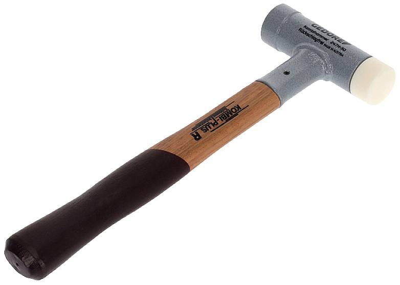 Ein Hammer mit Holzgriff und Kunststoffkopf für den Möbelbau. Der Kopf ist zweifarbig, hell und dunkelgrau.