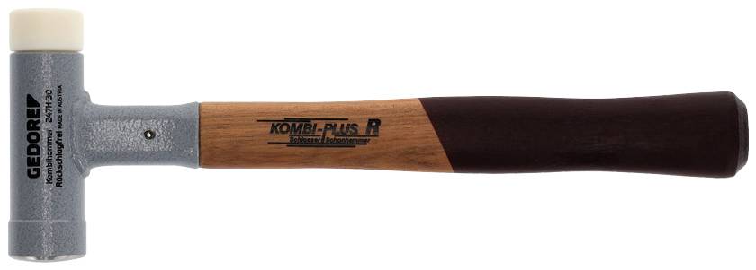 Ein Hammer mit Holzgriff und Kunststoffkopf, Markenname 'Gedore Kombi-Plus R' aufgedruckt.