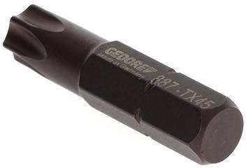 Ein metallischer Bit-Aufsatz mit hexagonaler Form und der Aufschrift 'GEDORE 887 TX45 Made in Germany'. Geeignet für Torx-Schrauben.