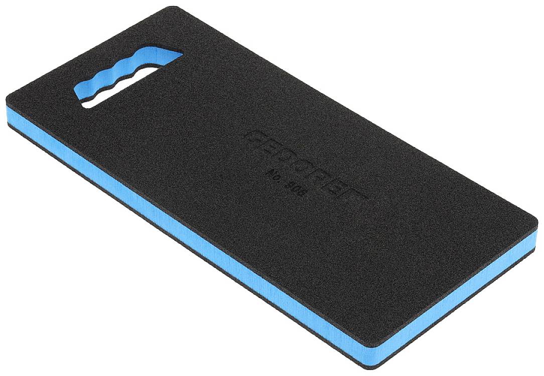 Schwarzes Kniekissen mit blauem Rand und Griff, mit 'Revorit Nr. 890' Aufschrift, zum Knien bei Gartenarbeiten oder Reparaturen.