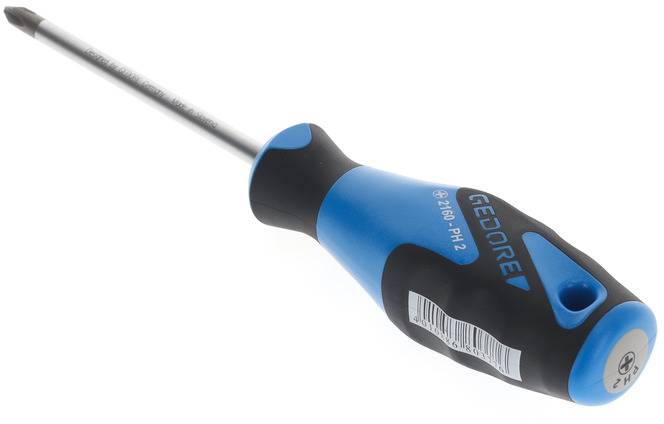 Blauer und schwarzer Schraubendreher mit ergonomischem Griff, geeignet für Kreuzschlitzschrauben. Modellbezeichnung 'GEDORE PH 2'.