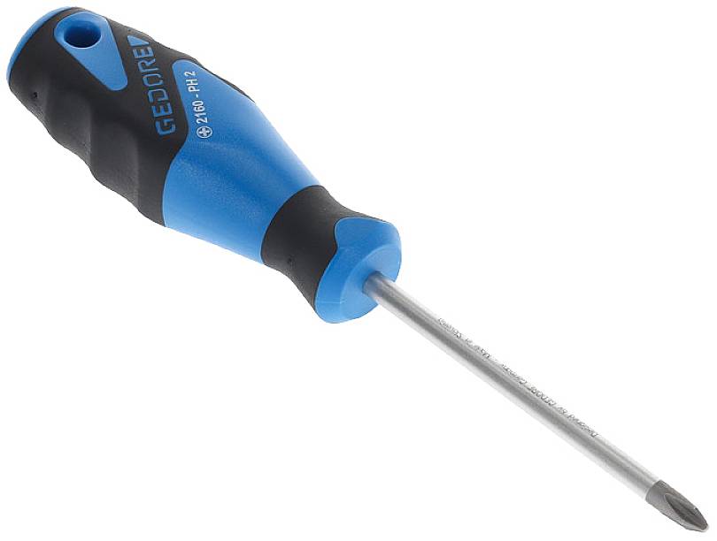 Blauer und schwarzer Schraubendreher mit Kreuzschlitzkopf und ergonomischem Griff, liegend auf weißem Hintergrund.