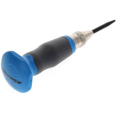 Ein Schraubendreher mit ergonomischem Griff und blauer Kappe liegt auf einem weißen Hintergrund.