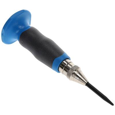 Ein blauer und schwarzer Handgriff mit einer metallischen Spitze, die einem Präzisionswerkzeug ähnelt, vor weißem Hintergrund.