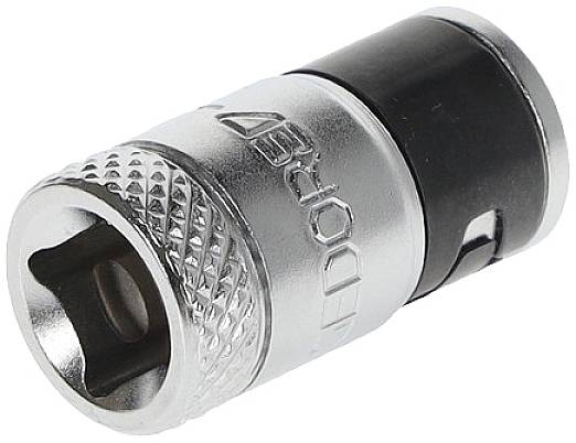 Metallischer Steckschlüsseleinsatz mit geriffelter Oberfläche und sechseckigem Innenprofil.