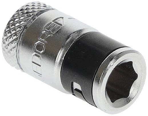 Ein silberner Stecknussadapter mit gerändeltem Griff. Ideal zum Verbinden von Stecknüssen mit einem Werkzeuggriff.