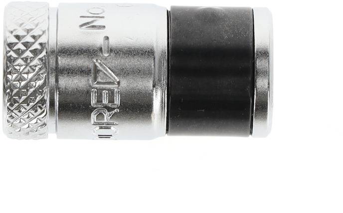 Metallstecker mit Rändelprofil und Kunststoffbereich, geeignet zur schnellen Verbindung von Kabeln. Angeschlossene Funktion unbekannt.