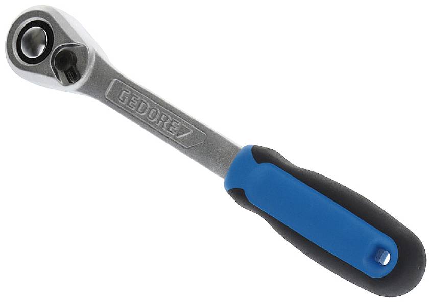 Ein silberner Ratschen-Schlüssel mit blau-schwarzem Griff.