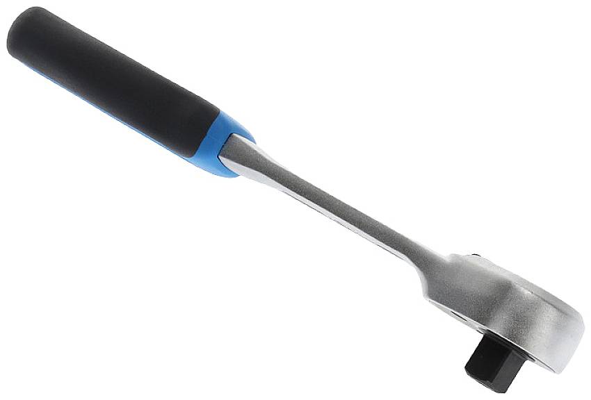Ratsche mit ergonomischem Griff, silberner Körper und schwarzem, blau akzentuiertem Griff. Werkzeug zur Befestigungsmutterndrehung.