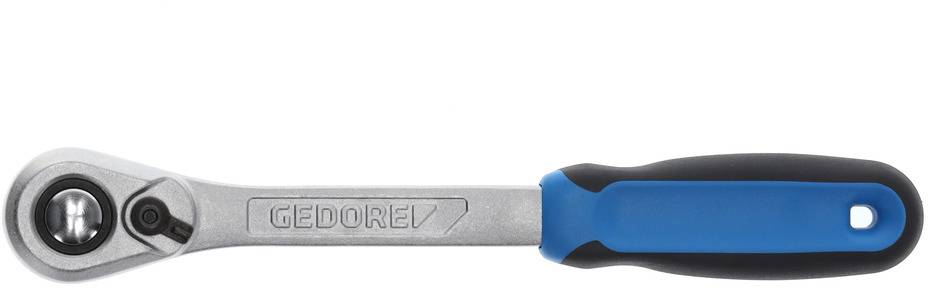 Ratsche mit blau-schwarzem Griff und silbernem Kopf. Markennamen 'Gedore' auf dem Metallteil der Ratsche.