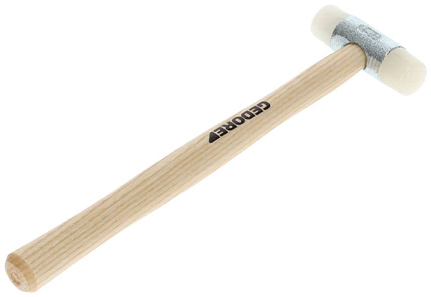 Holzhammer mit Kunststoffkopf und Metallhalterung, charakteristisches Logo auf dem Griff sichtbar. Geeignet für schonendes Arbeiten.