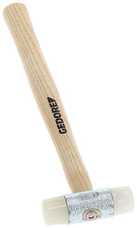 Hammer mit Holzkopf und Gummienden. 한쪽에 GEDORE 로고가 새겨져 있습니다.