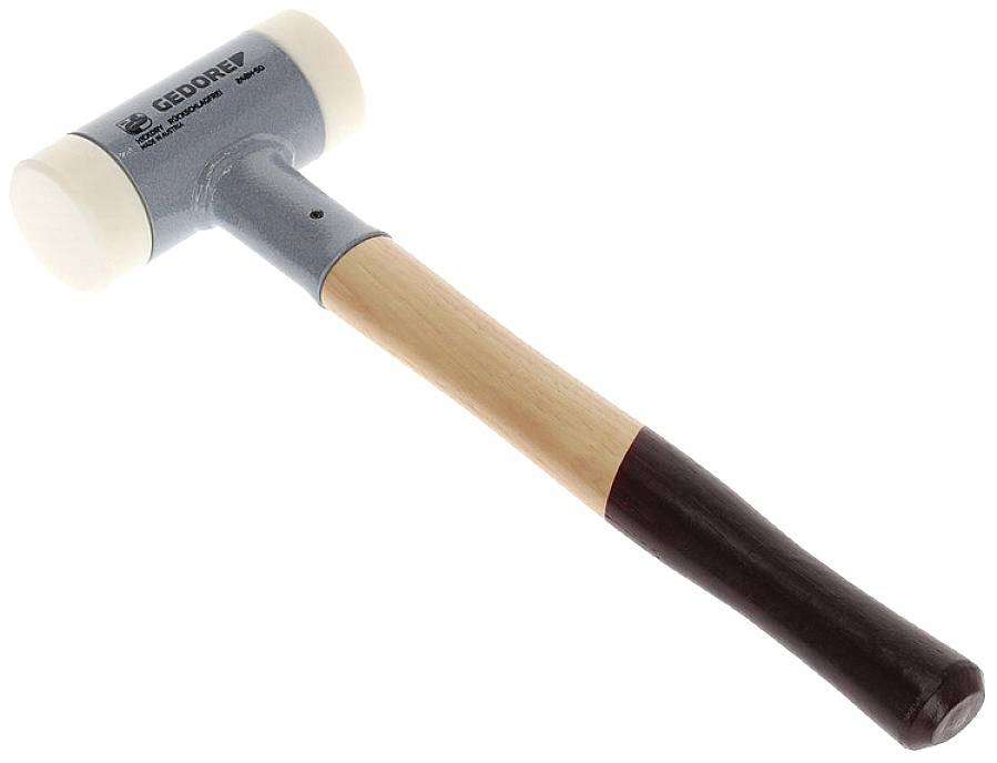 Ein Schonhammer mit einem hellblauen Kopf und gummierten Enden sowie einem Holzgriff. Hervorragend geeignet für schonendes Arbeiten.