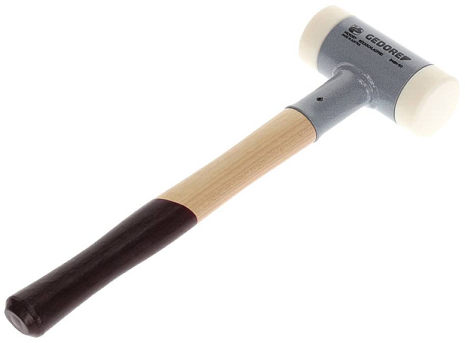 Holzhammer mit Kunststoffköpfen, grau lackierter Stahlkopf und brauner Holzgriff.