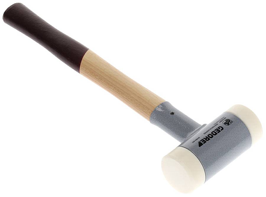 Ein Gummihammer mit Holzstiel und grauem Kopf, geeignet für präzises Arbeiten ohne Beschädigung der Oberfläche.