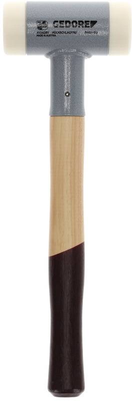 Ein Gummihammer mit hellem Holzgriff und hellgrauem Kopf. Gedore-Logo auf dem Kopf sichtbar. Hauptsächlich für schonende Schläge genutzt.