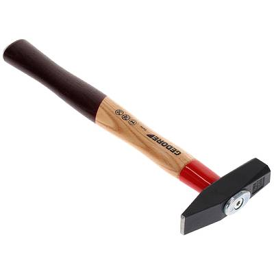Hammer aus Holz und Metall mit rotem Griff und schwarzem Kopf, auf dem 'GEDORE' steht.