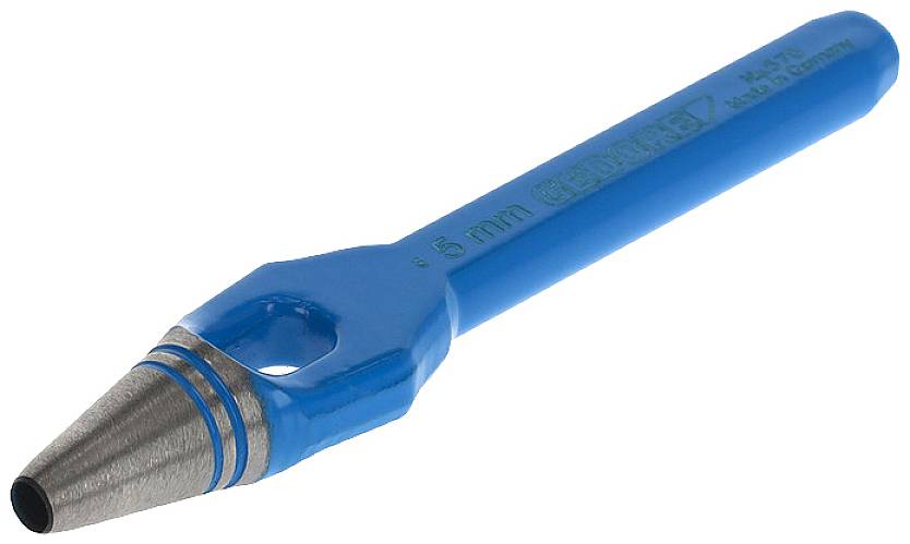 Blauer Metalllocher mit runder Spitze, geeignet zum Stanzen von Löchern in Materialien. Produkt von Gedore, Größe 5 mm.