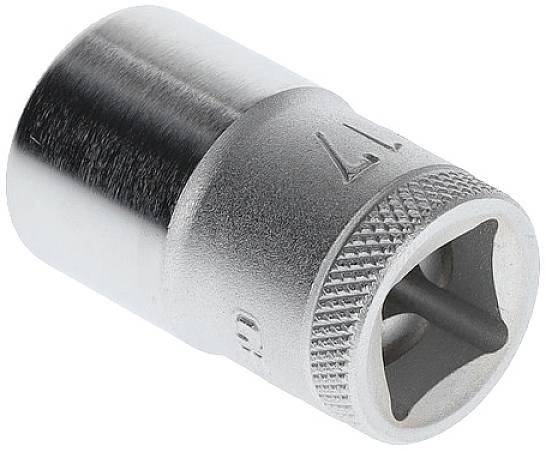 Ein Steckschlüsseleinsatz aus Metall mit gerändeltem Griff und quadratischer Aufnahmeöffnung. Geeignet für Schraubarbeiten.